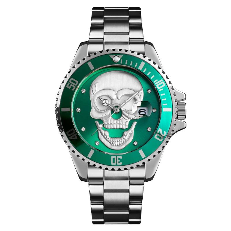 

Популярные часы, модный череп, инкрустированный стразами, светящиеся мужские водонепроницаемые кварцевые часы