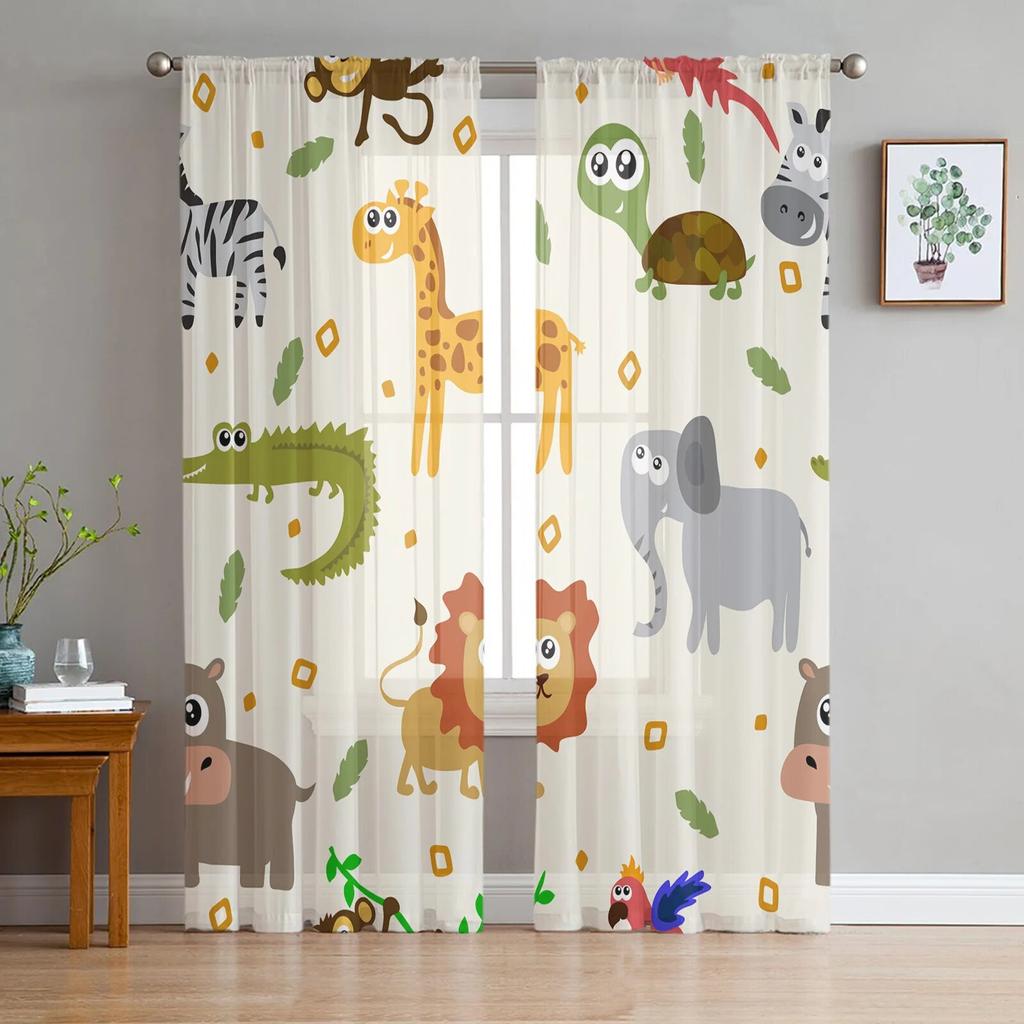 Transparente Vorhänge mit Aquarell-Wildtieren für Wohnzimmer, moderne modische Volantvorhänge für die Küche, Tüllvorhänge