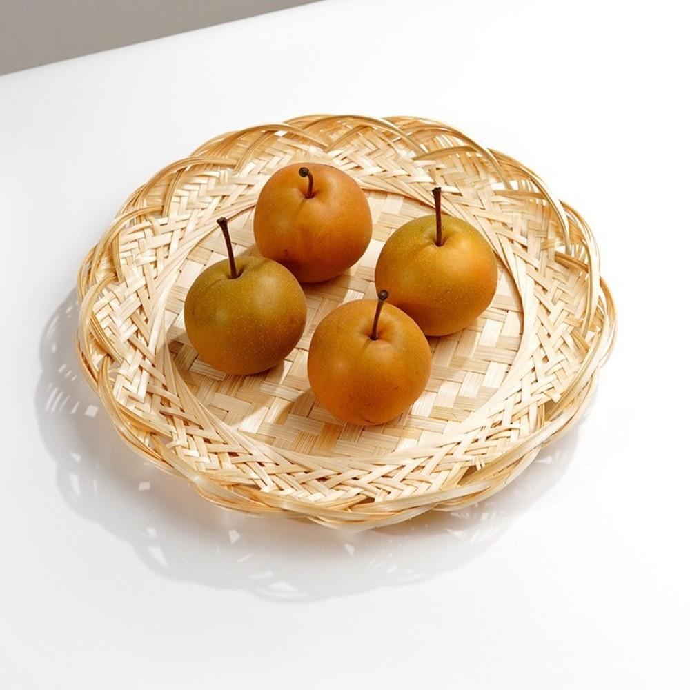 Scalloped Edge Woven Bamboo Tray Round Fruit Snack Serving Tray Bamboo Woven Basket Fruit Serving