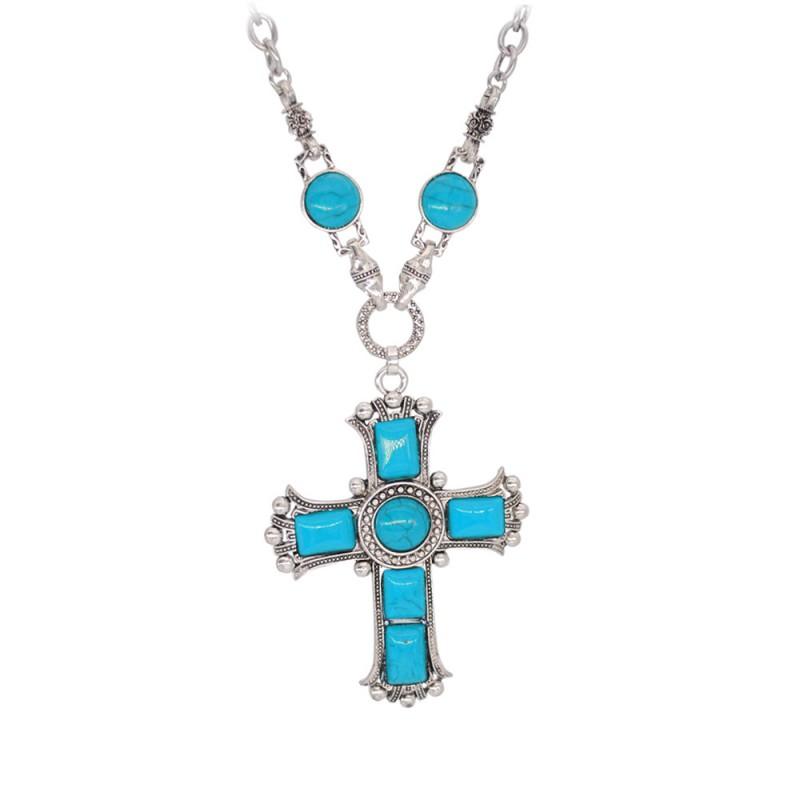 Vintage Cross Pendant Necklace Men Women Turquoise-Inlaid Alloy Snake Chain Statement Jewelry N1624-04 Blue