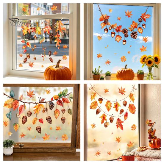 Durable Window Clings for Glass Autumn Maple Leaf Pinecone Scarecrow Pumpkin Static Clings, Waterproof PVC Film Stickers, Removable Seasonal