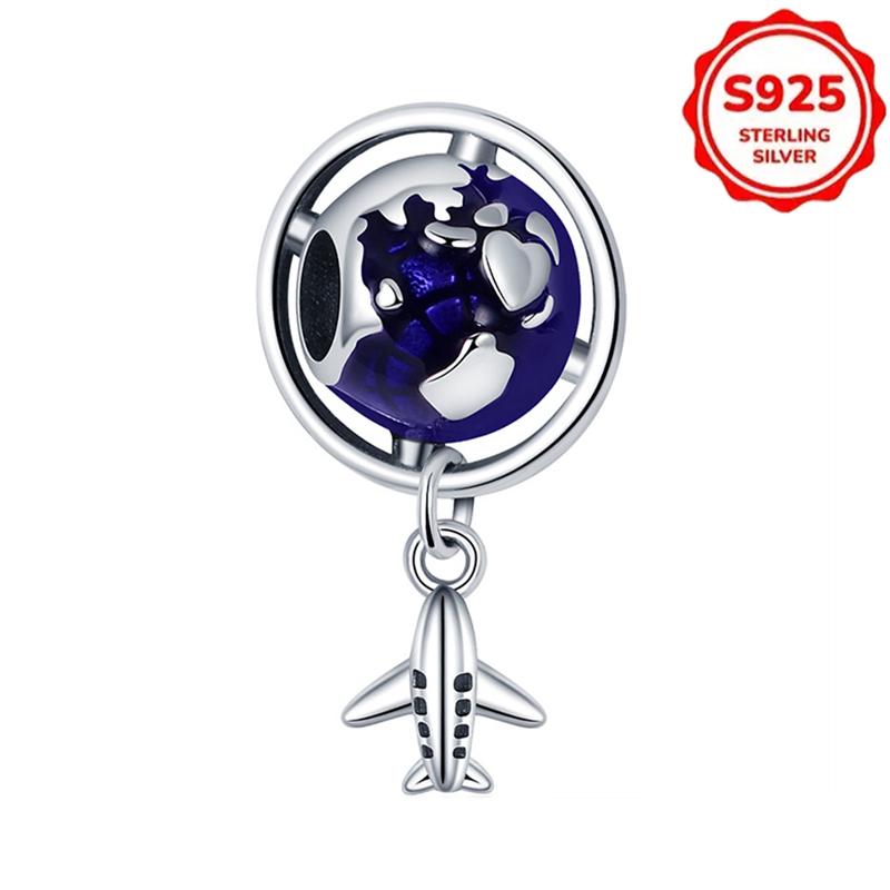 Charms 925 Silver Airplane Passport Earth Beads. Womens Original 925 Bracelets and Bangles DIY Jewelry Pendant Gift