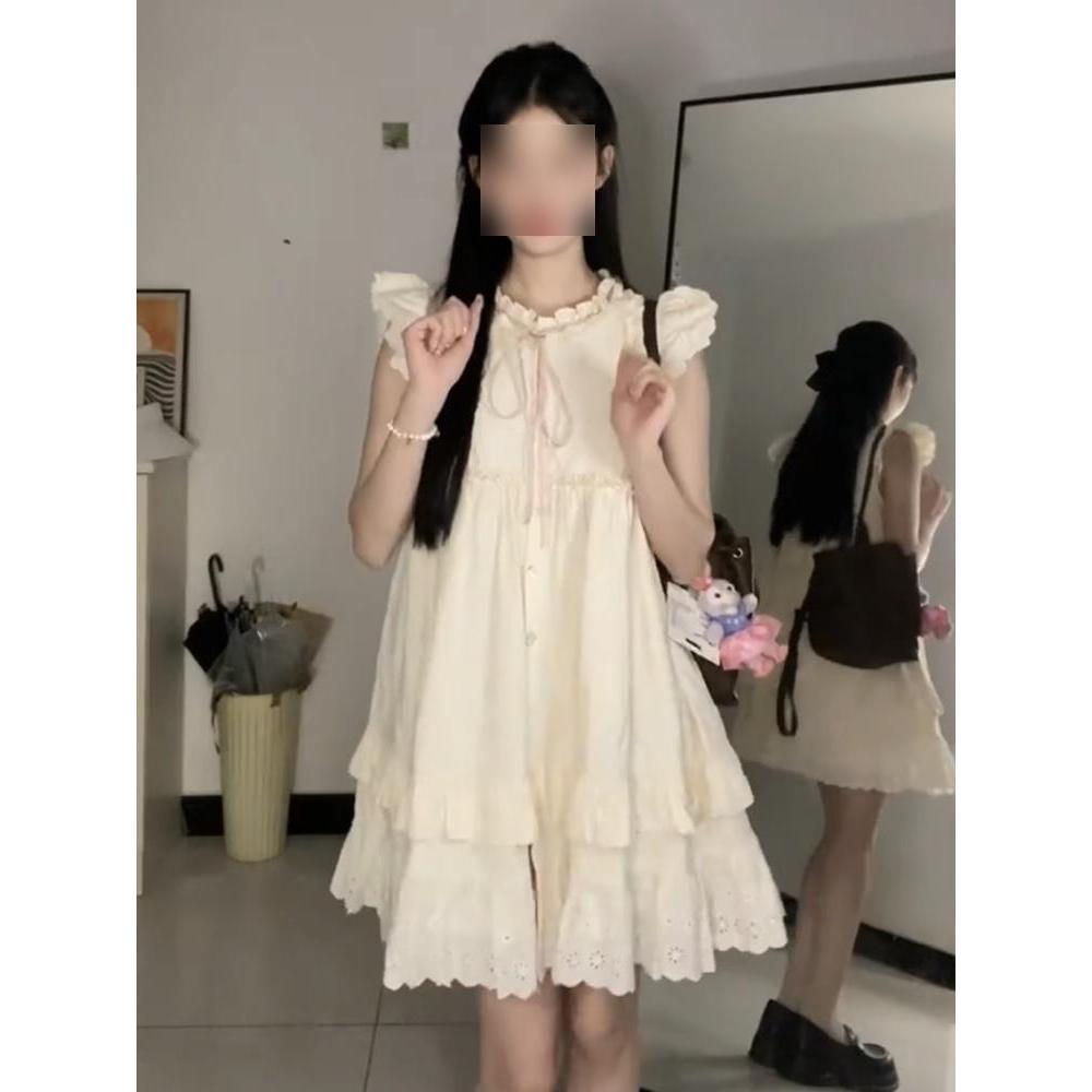 Sweet little fly sleeve dress women's summer new girl fungus edge thin skirt small a-word skirt