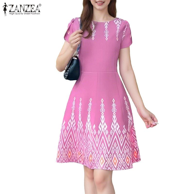 ZANZEA Women Casual Round Neck Summer Short Sleeve Print Dress