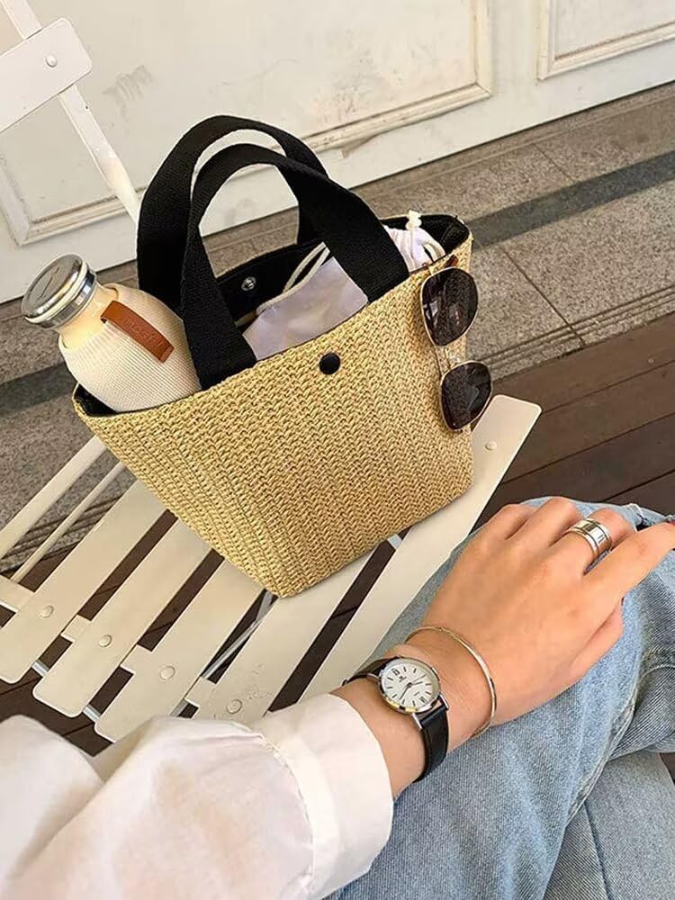 [Uroi] Women's Straw Basket Bag, Handbag, Spring, Summer, Autumn, with Lining, No Drawstring Bag, Lightweight, Woven Bag, Summer Bag, Perfect for