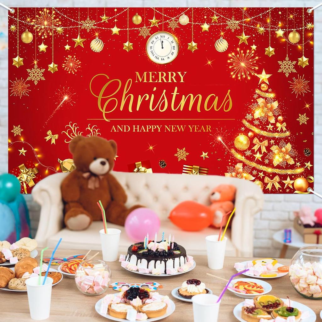 Merry Christmas  New Year banner  Christmas red and gold flag  Happy New Year background  party decoration