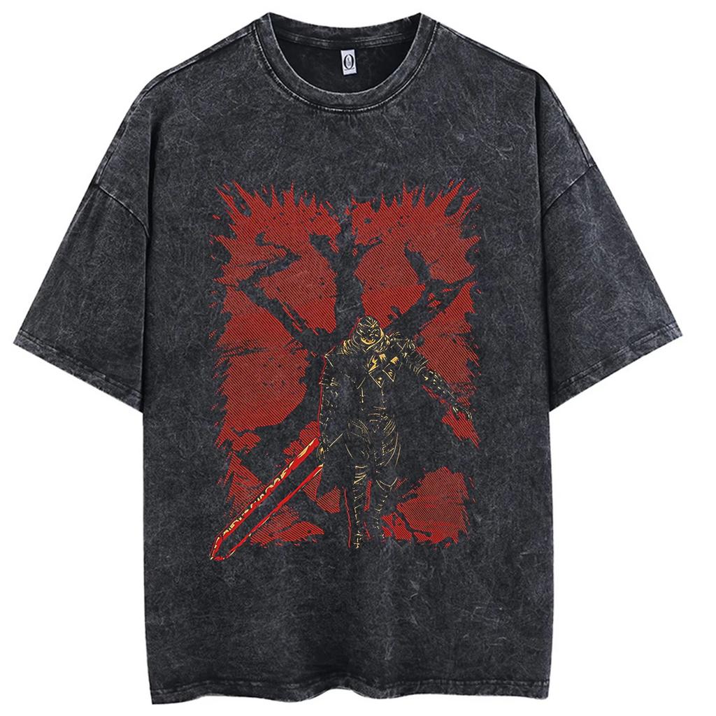 Vendita Calda Anime Berserk Guts Manga Stampa Grafica Maglietta Uomo Donna Retro Lavato Girocollo Cotone Retro Lavato Larga Casual Oversize Top Estivo Nuova T-shirt
