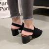 Fish mouth hollow flying woven high heel thick heel sandals women's rear empty word with large size square head women's sandals