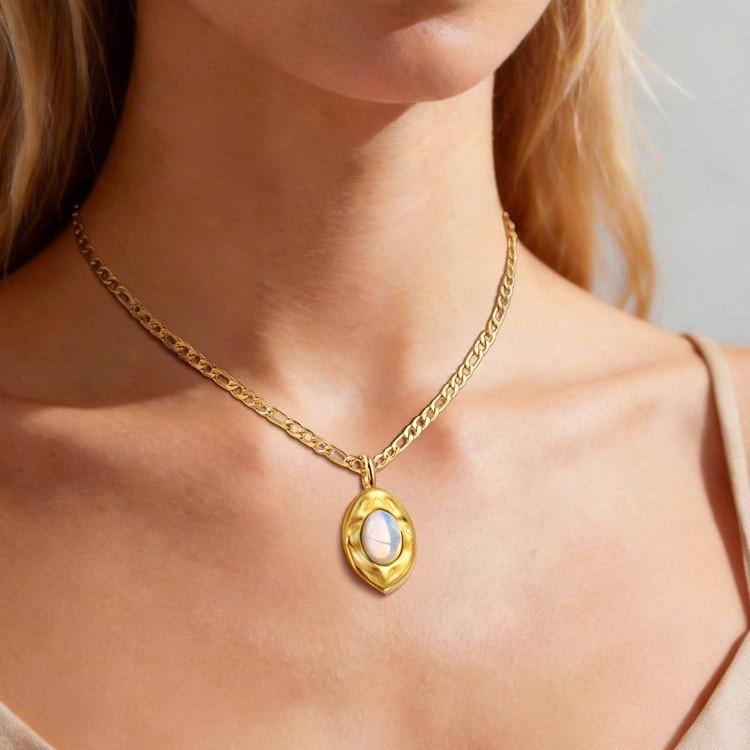 Foreign Trade Jewelry, Retro High-End Stainless Steel Natural Stone Pendant Necklace Female Nc-2534