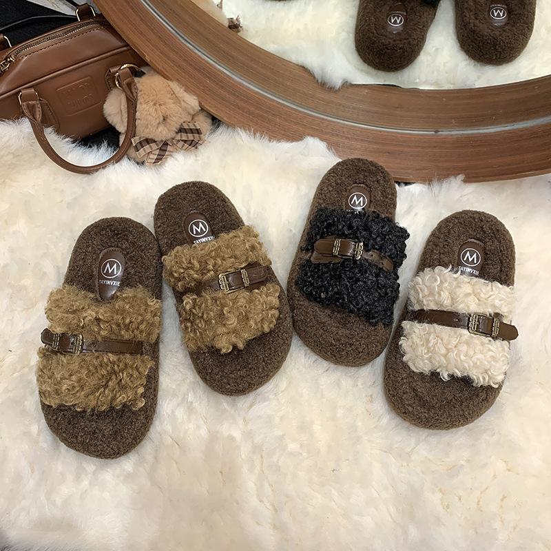 Retro Thick-soled Fluffy Slippers for Women To Wear 2025 Autumn and Winter New Korean Version Comfortable Slippers One-word Cotton Towing Women's Shoe