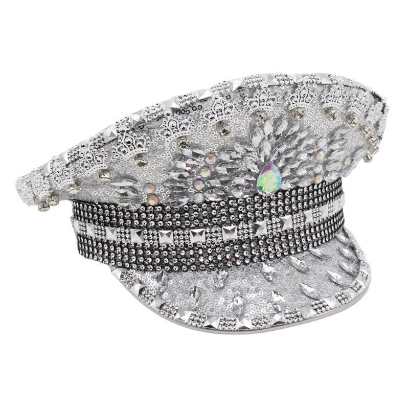 Алмазная большая кепка Показать цвет Алмазная серебряная большая кепка Плоский верх Кепка для Карнавального дня One size