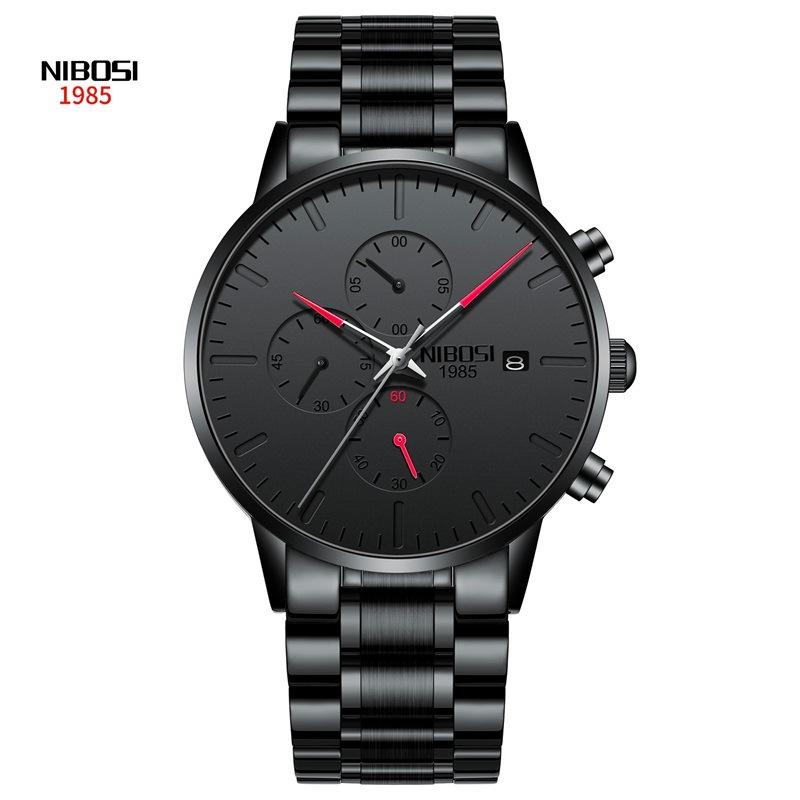 NIBOSI Men's Watch Black Fashion Simple Style Precision Travel Time Multi-functional Waterproof Luminous Quartz Watch