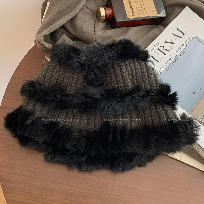 

Winter Korean Style Face Showing Small Versatile Plush Knitted Beanie Furry Bucket Fisherman Hat Trendy One size