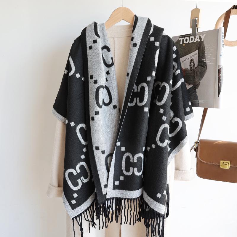 

Європейський та американський стиль Жіночий шарф з імітації кашеміру з китицями - Стильний та теплий для осені/зими 190CM чорний/білий