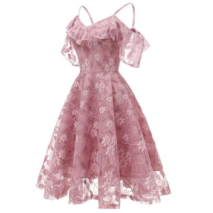 Bright Deer Women Cold Shoulder Bridesmaid Dress Floral Crochet Lace Ruffle Cami Strap Midi Dress for Wedding Evening Formal Party Cocktail Occasions