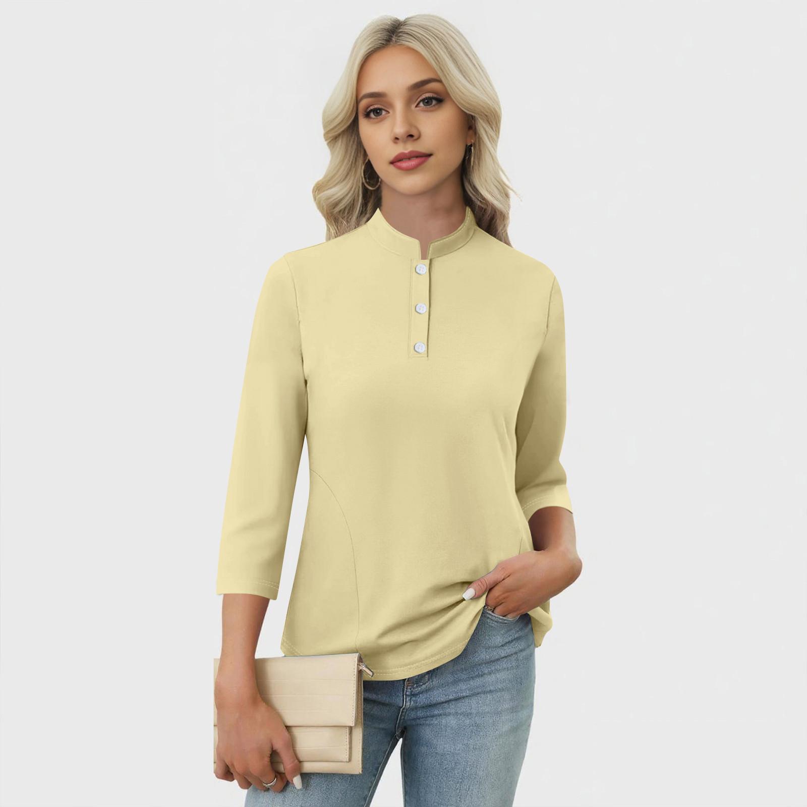 

Women s Casual Floral Print V-Neck 4/3 Sleeve Decorative Button T-Shirt Top XL жовтий