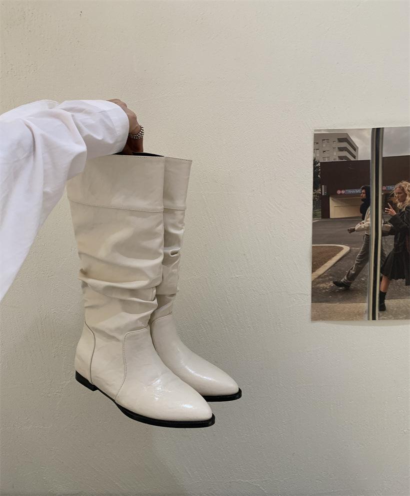 

Retro pleated piled boots women s 2025 autumn and winter new thick heel long knight boots thin boots 39 абрикосовый