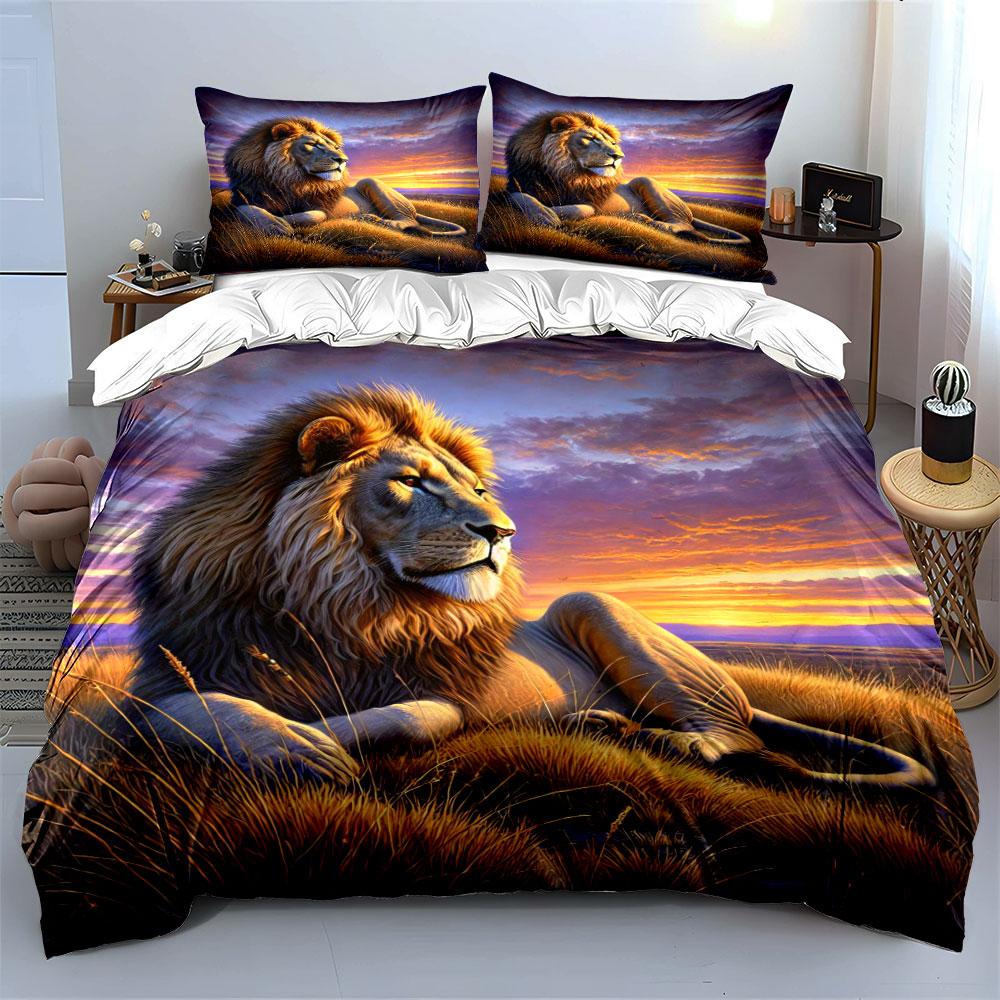 Relaxing Lion, Sunset Background. Bedding Sets Duvet Cover Sets Duvet Covers Pillowcases(1*Duvet Cover 2*Pillowcases Without Duvet Insert)