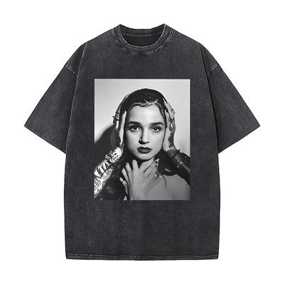 Monochrome Portrait Stylish Black  White Art Casual Washed Distressed T Shirt Vintage Minimal Short Sleeve Top