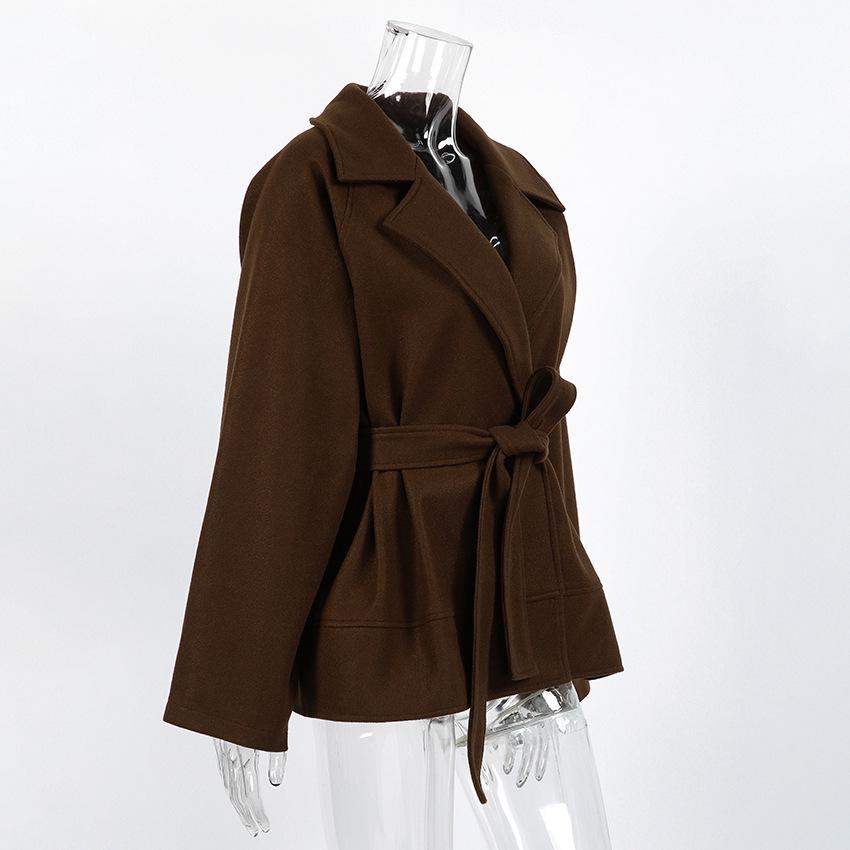 High-end Women's Autumn/Winter Woolen Coat with Versatile Waist Tie and Suit Collar