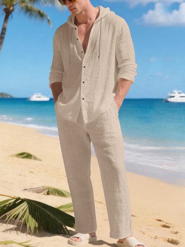 Men's Casual Linen Beach Set: Loose Fit Long Sleeve Hoodie & Pants