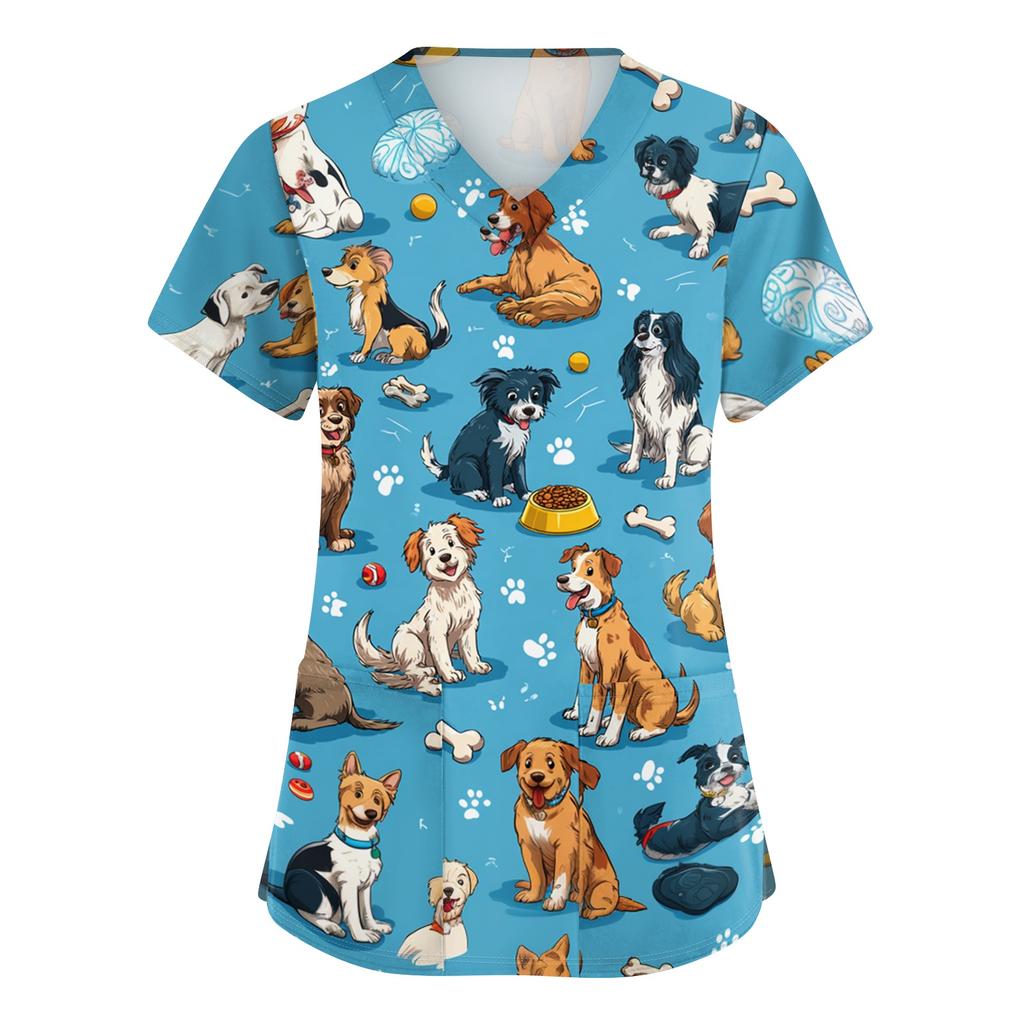 Ladies V Neck Short Sleeve Work Top with Side Slits and Pockets Animal Print Pattern Medical Scrub Shirt for Healthcare Professionals