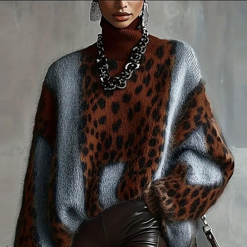 Pull Sexy Patchwork Imprimé Léopard pour Femme Automne Col Roulé Tricot Lâche Haut Pull Hiver Manches Longues Pulls Chauds Pull