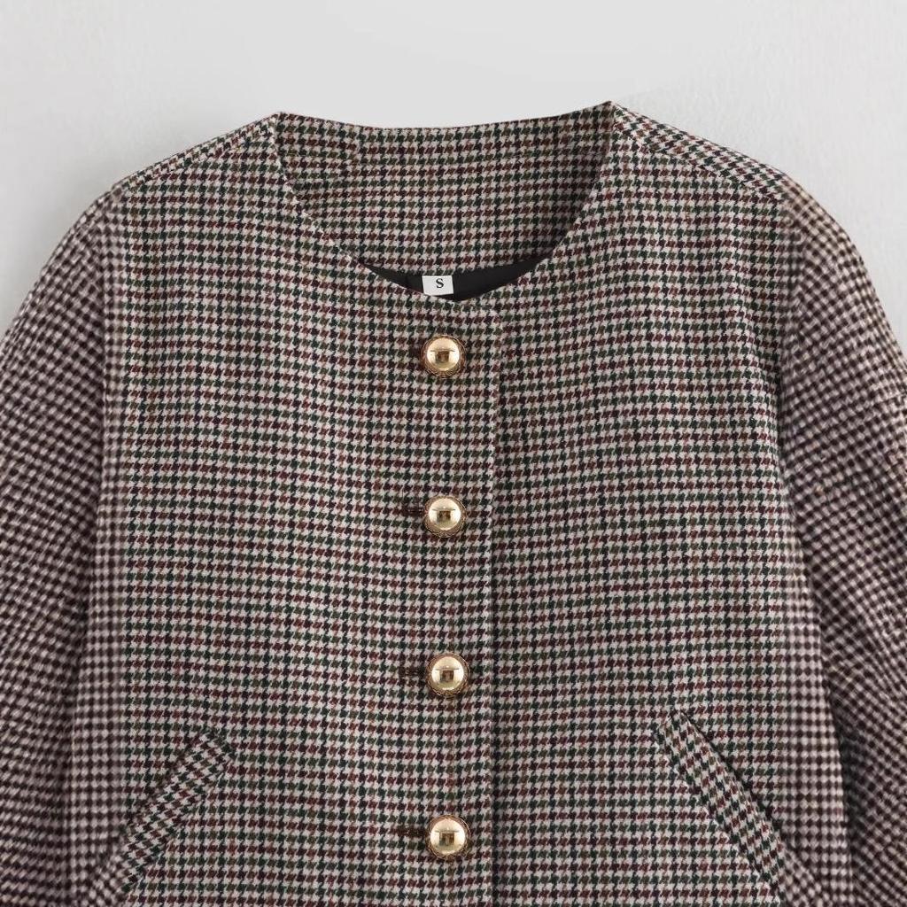 Spring 2025 European & American Women's Fashion Suit: Blazer & Houndstooth Pleated Skirt Set