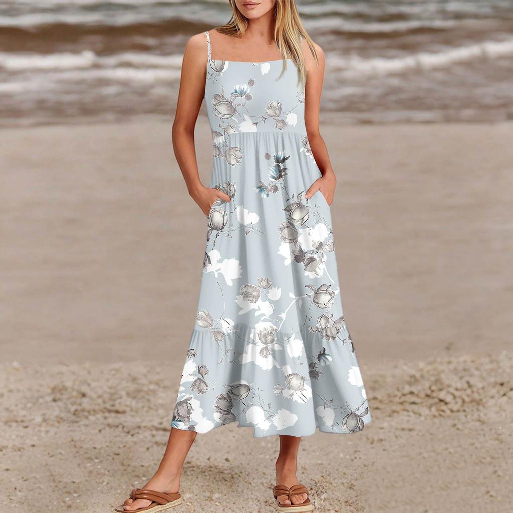 Women's Summer Spaghetti Strap Patchwork Beach Vacation Floral With Pocket Dresses