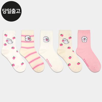 PG Damen-/Studenten-Erdbeer-Hase Mittellange Socken (5 Paare) Set Tägliche Einfache Mode Charakter