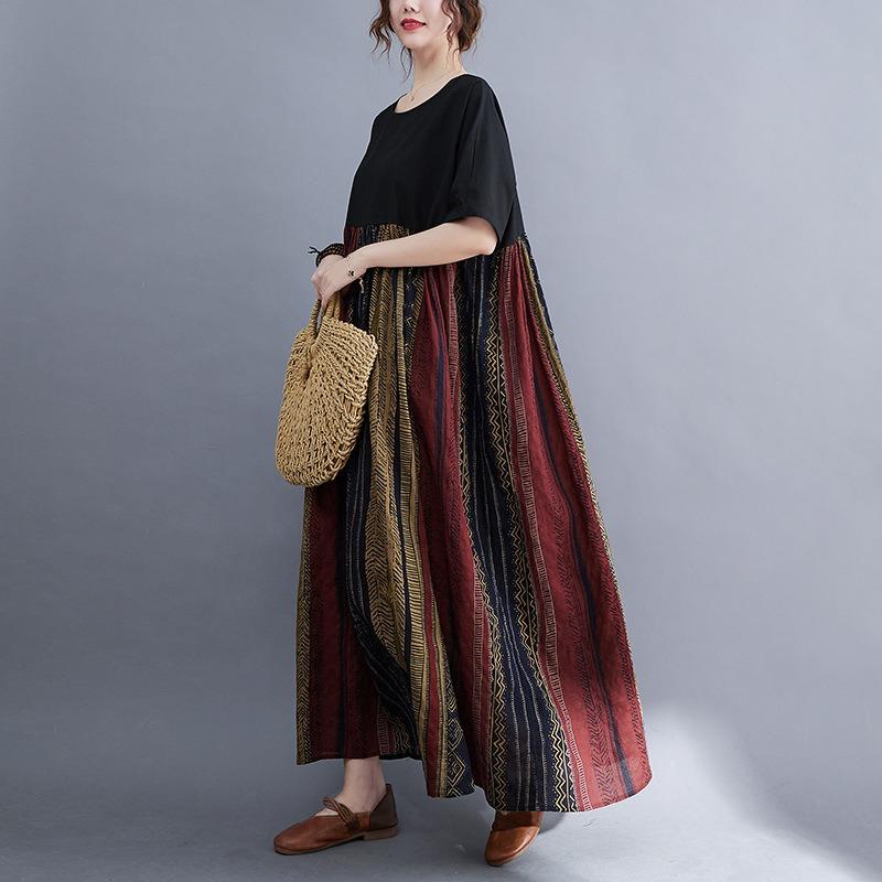 Real shot summer new literary large size loose cotton and linen printing short-sleeved dress women's long dress