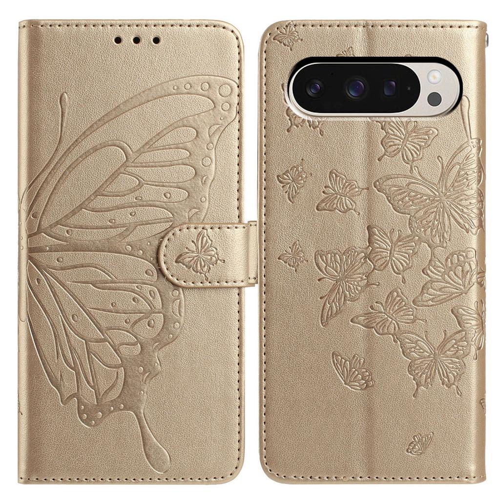 Wallet Ständer Hülle für Google Pixel 9/9 Pro/10 Pro PU-Leder Flip Handyhülle mit Schmetterlingsaufdruck und Trageband