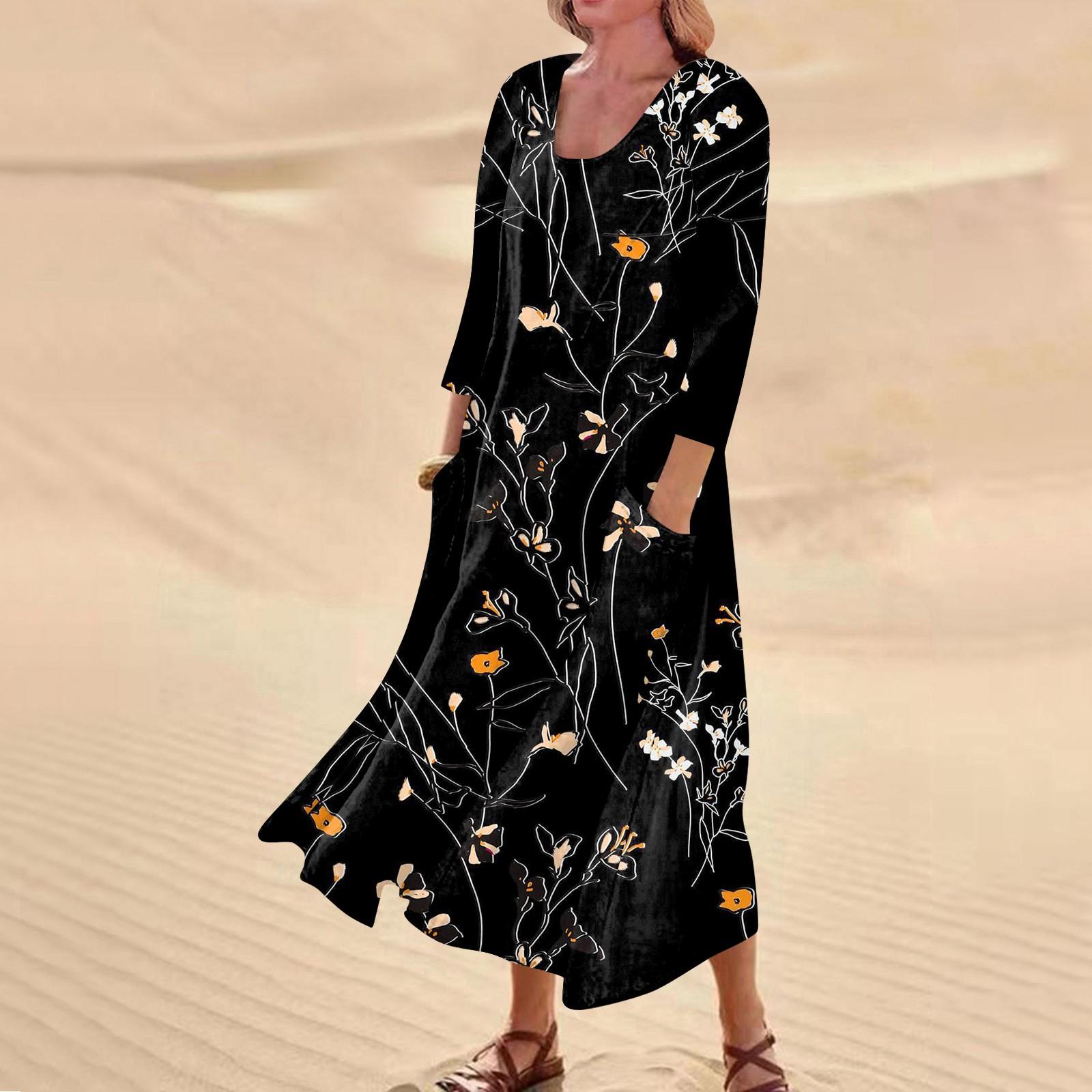 

Жіноча повсякденна зручна бавовняна сукня з кишенями з квітковим принтом і рукавами три чверті XL жовтий