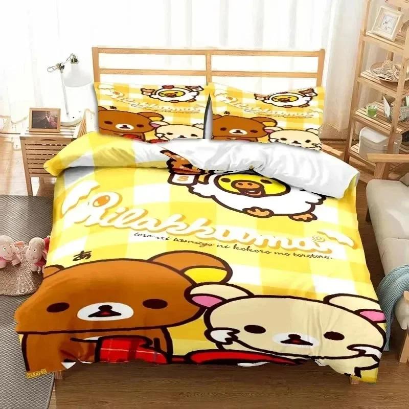 Cartoon Rilakkuma Bear Printed Bed Set Duvet Cover Pillowcase Bedding Set Bed Linen Sheet Quilt Cover Full Queen King Size
