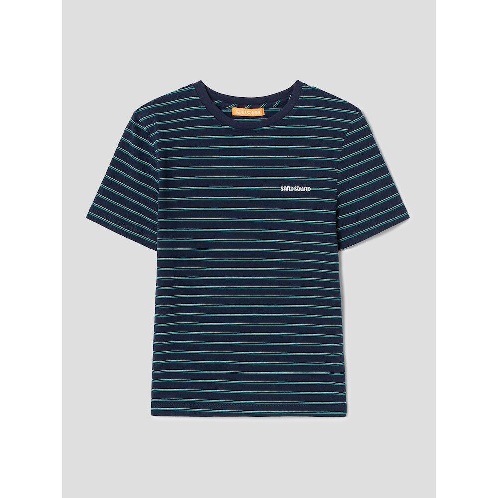Saendeusaundeu (Women) Crop Striped Short Sleeve T-Shirt Navy