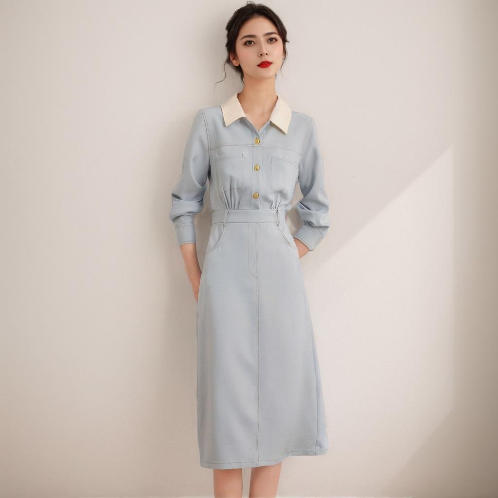 

Весеннее новое платье с отворотами и лацканами, облегающее, контрастное, из денима, со средними и длинными рукавами, воротником-поло для женщин XL светло-синий