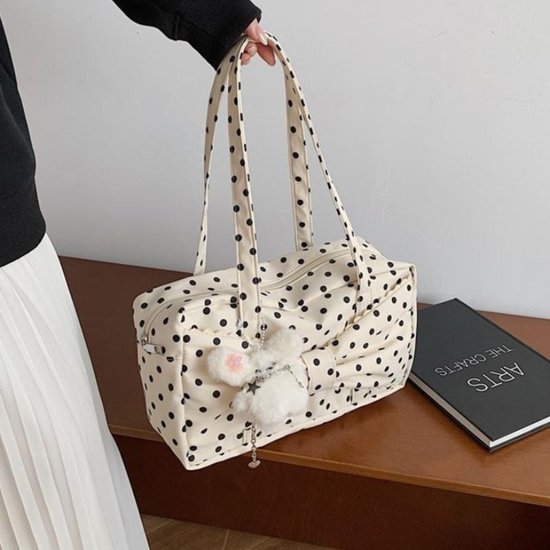 Korean Polka Dot Tote Bag With Bow Decor Large Capacity Shoulder Bag Casual Stylish Handbag Lightweight Fabric For Daily Commute