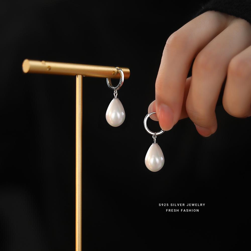 Authentic 925 Sterling Silver Water Drop Shell Pearls Stud Earrings For Women Wedding Party Temperament Jewelry