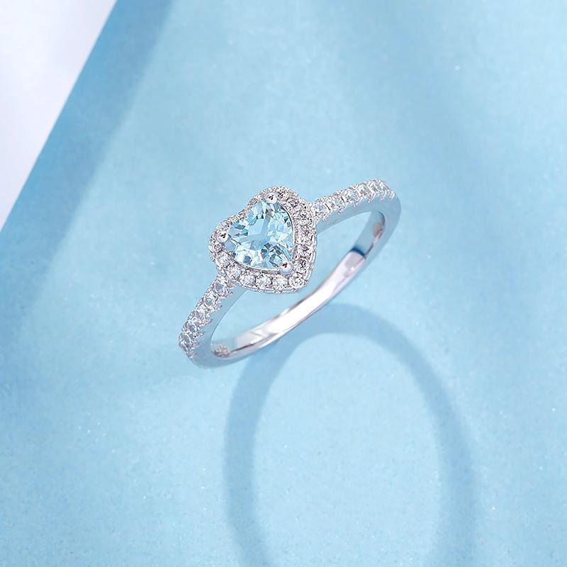 Japanese Style Silver-Plated Aquamarine Zircon Peach Heart Ring for Women - Elegant Light Luxury Engagement Gem