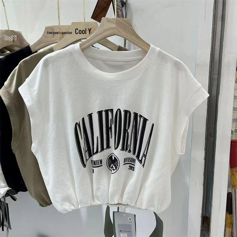 Damski bawełniany T-shirt bez rękawów w stylu europejskim - Letni, podkreślający talię, dopasowany, luźny top z okrągłym dekoltem