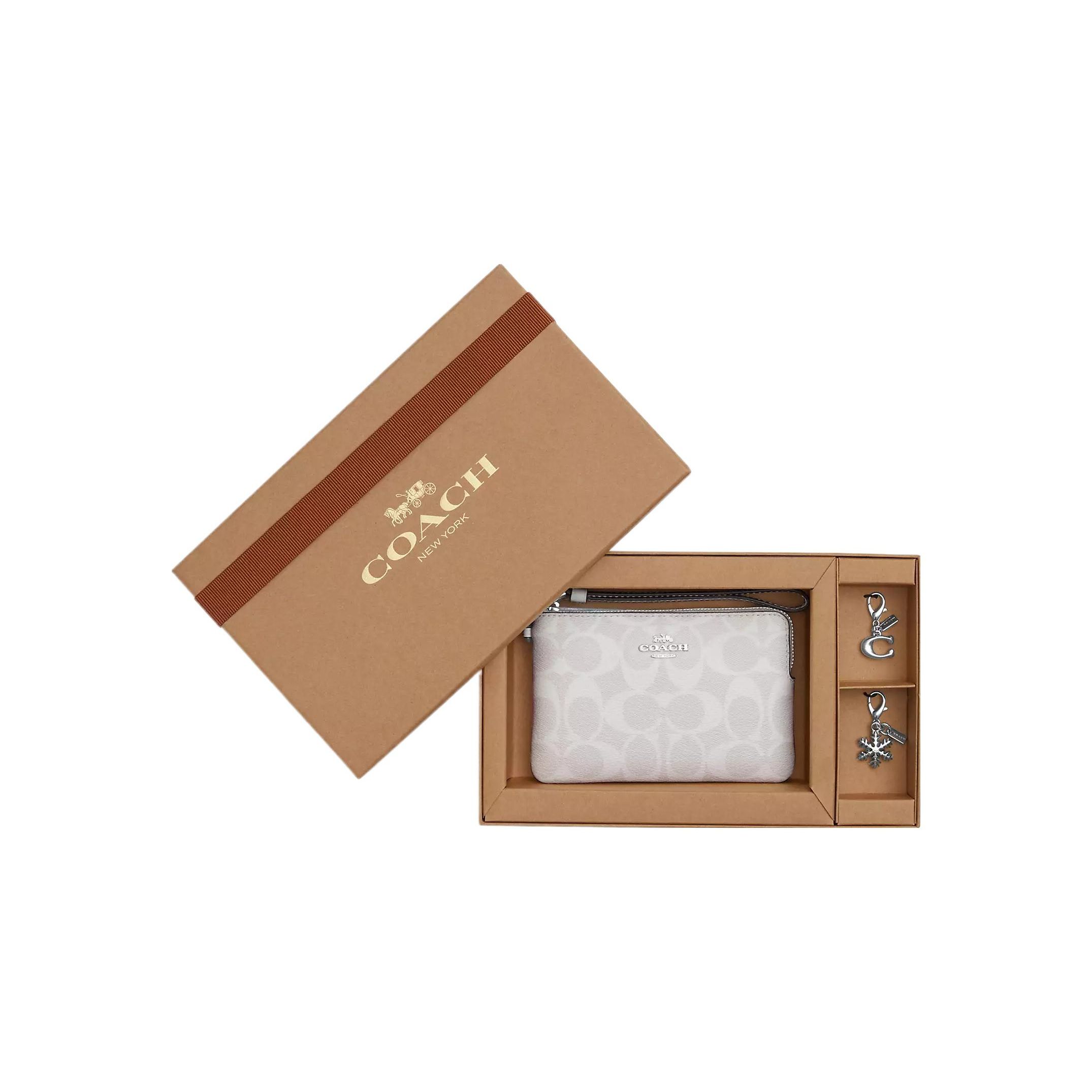 

Coach Corner Zip 16 Letter Logo Classic Monogram Zipper Pouch Canvas With Leather Wallet Clutch Small Women Wallets Silver Chalk CN044-SVRFI Basic Set (Bag+Dust Bag)