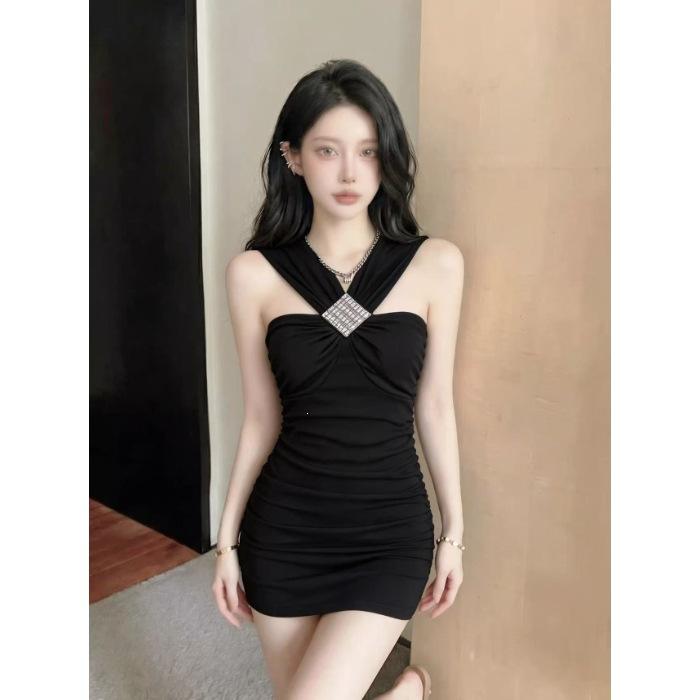 [Chest Pad] Sweet Spice Girl Pure Desire Wind Sexy Pure Desire Neck Dress Temperament Close Waist Open