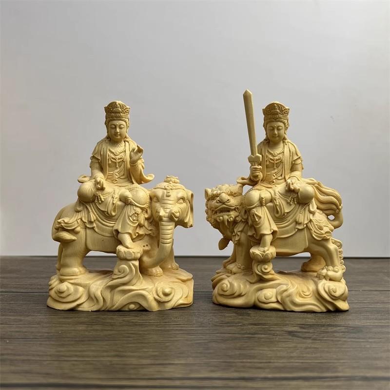 

Деревянная статуэтка Манджушри - Самантабхадры, статуя Будды, вырезанная вручную из цельного дерева, украшения для дома в стиле фэн-шуй