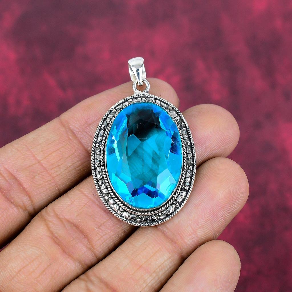 Blue Topaz Pendant, 925 Solid Sterling Silver Gemstone Jewelry, Handmade Pendant, For Thanksgiving