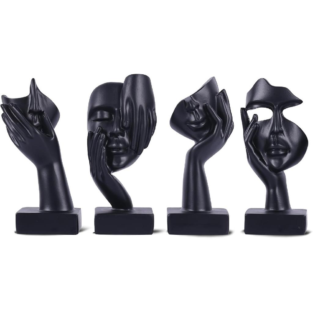 Black Abstract Thinker Figurine Set of 4, Home Art Face Small Statue for Accents Decor Women Bedroom Shelf Bookcase Room Desk, TV Stand, Coffee Table
