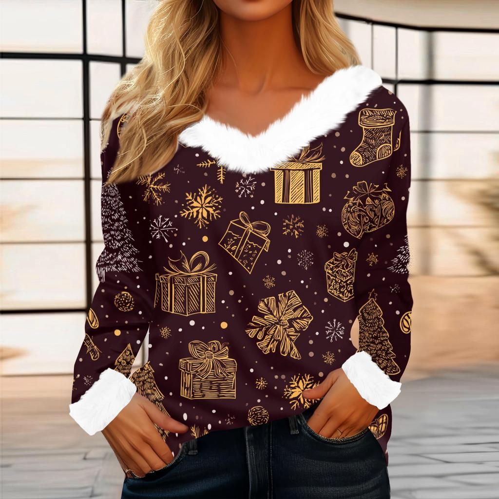 Women's Casual Fashion Long Sleeve Christmas Printed Flannel Collar Top