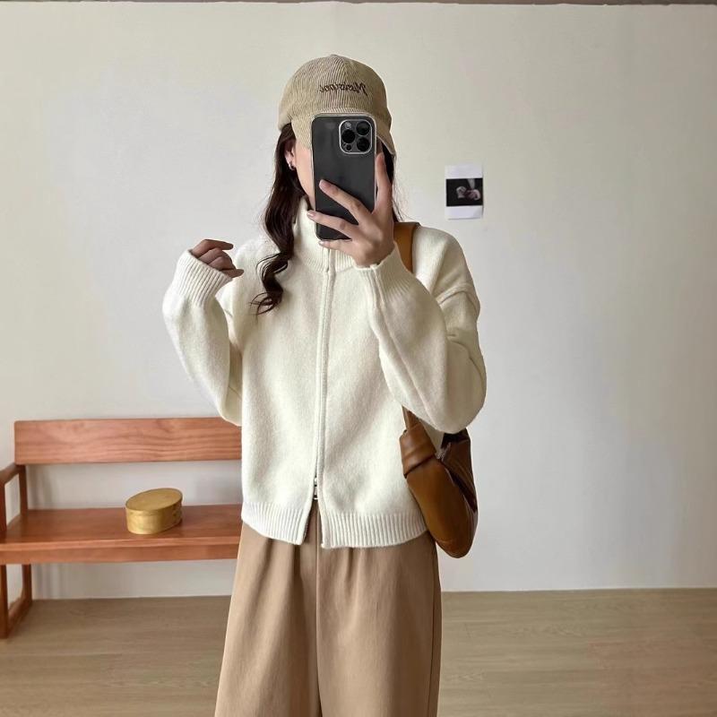 Autumn and winter new simple style loose and thin sweater jacket women lazy double zipper stand-up collar knitted cardigan women