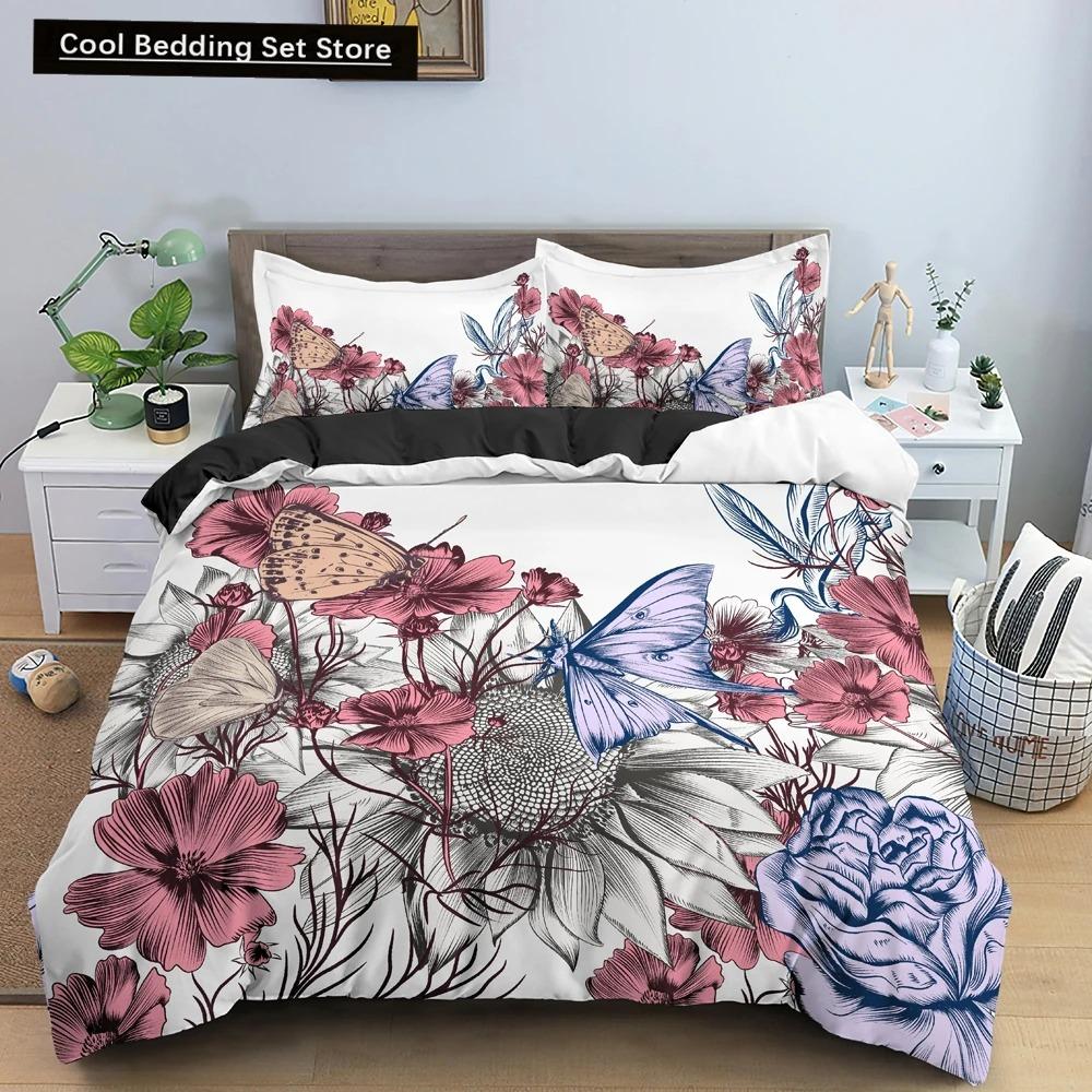 Butterfly Duvet Cover King Queen Size Animal Floral Bedding Set for Teens Adults Beautiful Flower 23pcs Polyester Quilt Cover