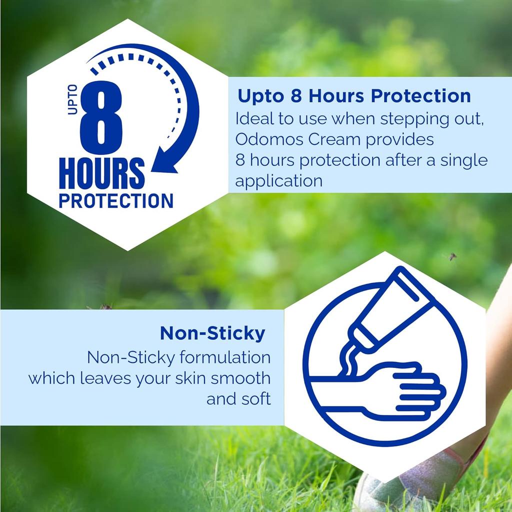 Odomos Non-Sticky Mosquito Repellent Cream with Vitamin E and Almond Oil, 100g