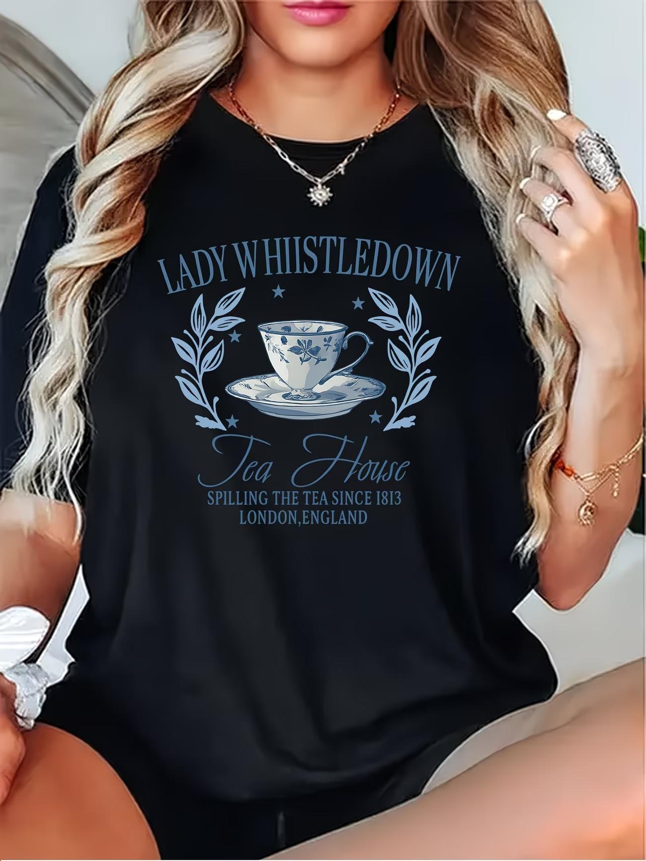 Women s Lady Whistledown Tea House Print T-Shirt Short Sleeve Blouse with Lettering, Washable Round Neck Top for Spring Summer S